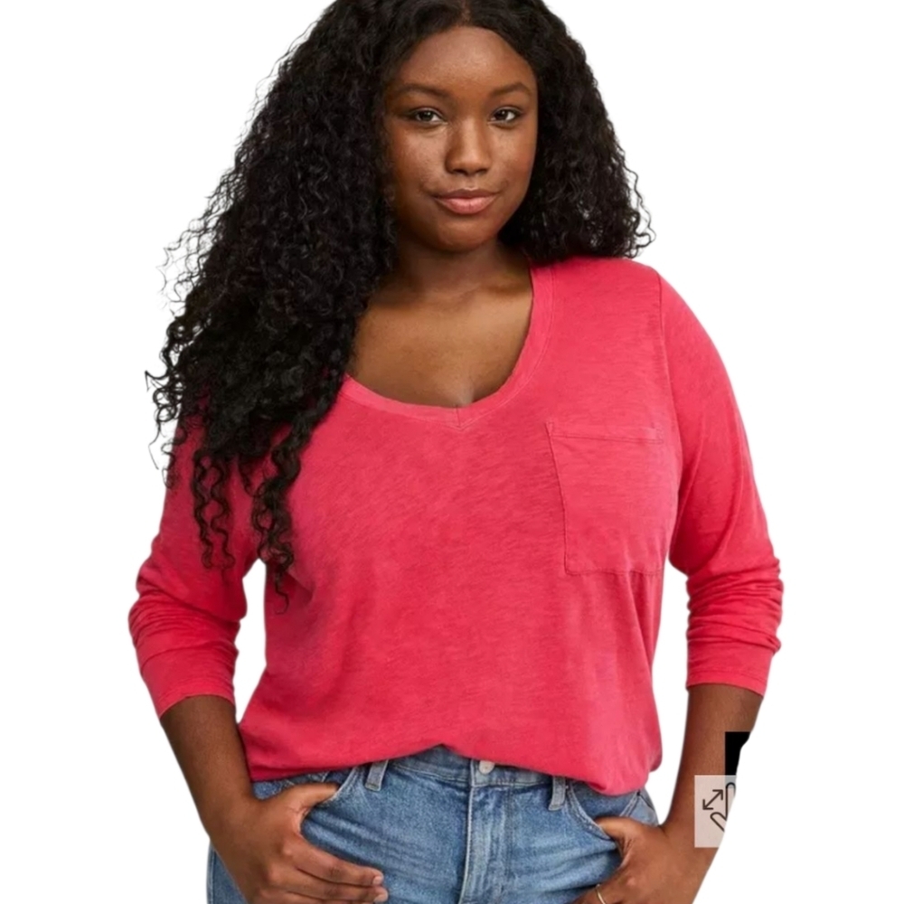 TORTID Plus Size Pretty Pink Heritage Slub V- Neck Pocket LongSleeve Tee 4X